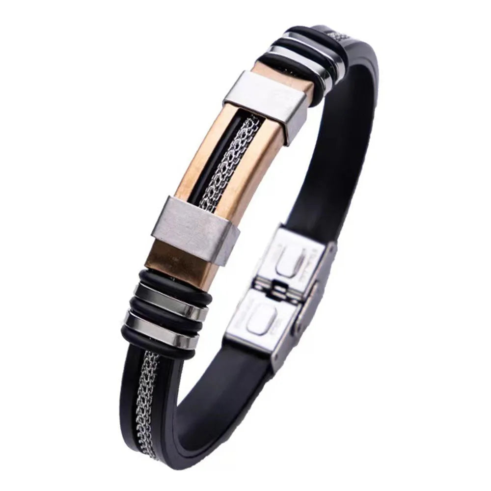 MKENDN Punk Style Men Jewelry Non-fading Steel Wire Rope Silicone Bracelet Classic Cuff Charm Bracelet for Men Male Gifts