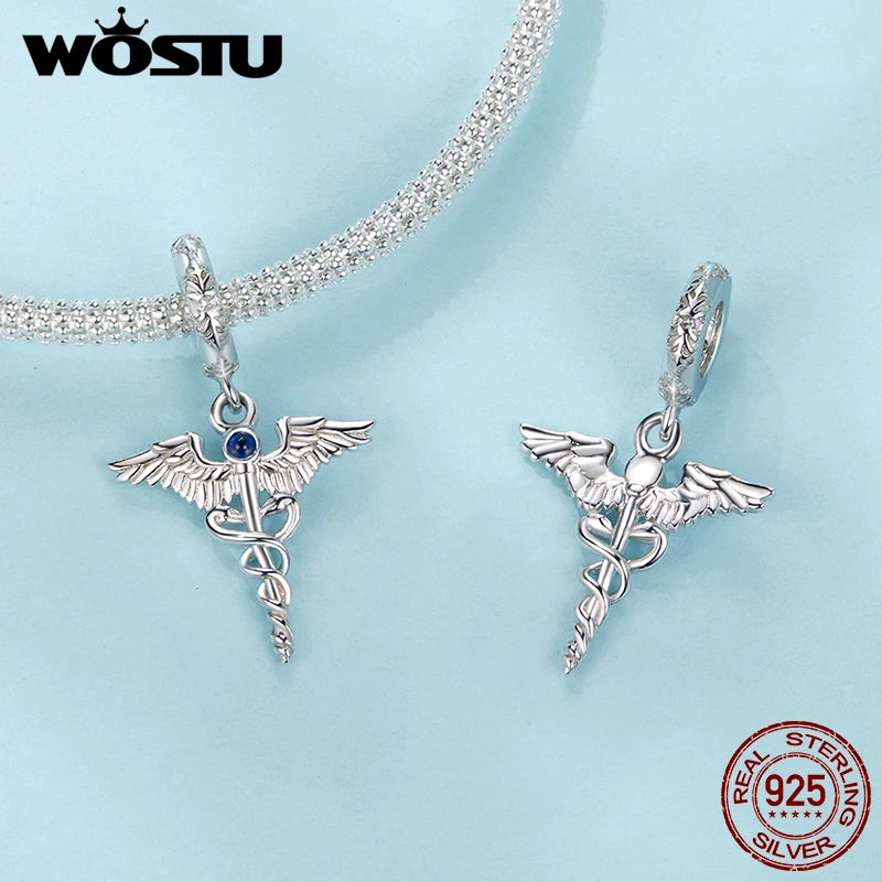 WOSTU Real 925 Sterling Silver Double Snake Caduceus Charm Pendant Fit Bracelet Necklace DIY Jewelry Make Gift for Doctors Nurse