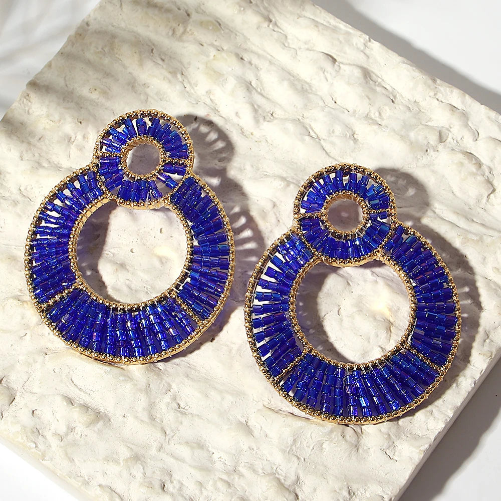 AENSOA Luxury Colorful Crystal Beaded Double Round Drop Earrings for Women Gold Color Metal Dangle Earrings Handmade Jewelry