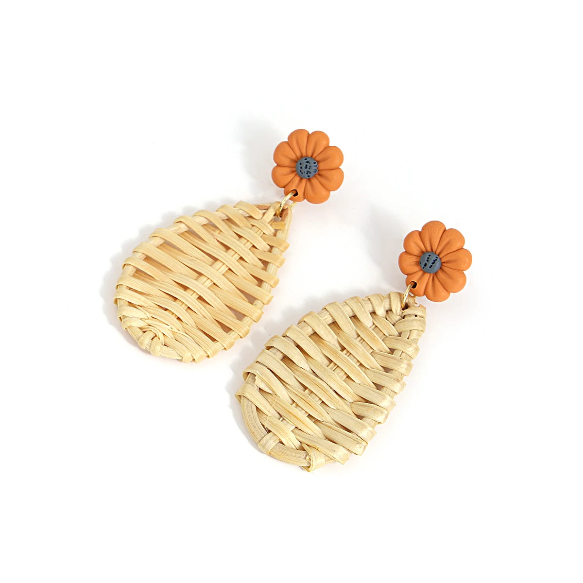 AENSOA Handmade Woven Rattan Knit Raffia Wooden Drop Earrings for Women Bohemian Circular Fan Shaped Statement Earrings Jewelry