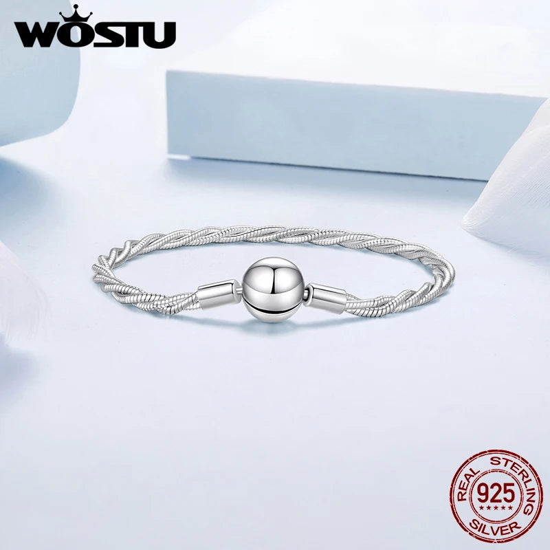 WOSTU Solid 925 Sterling Silver Twisted Snake Chain Bracelet for Women, Luxury Ball Clasp Adjustable Basic Bangle Wrist Jewelry