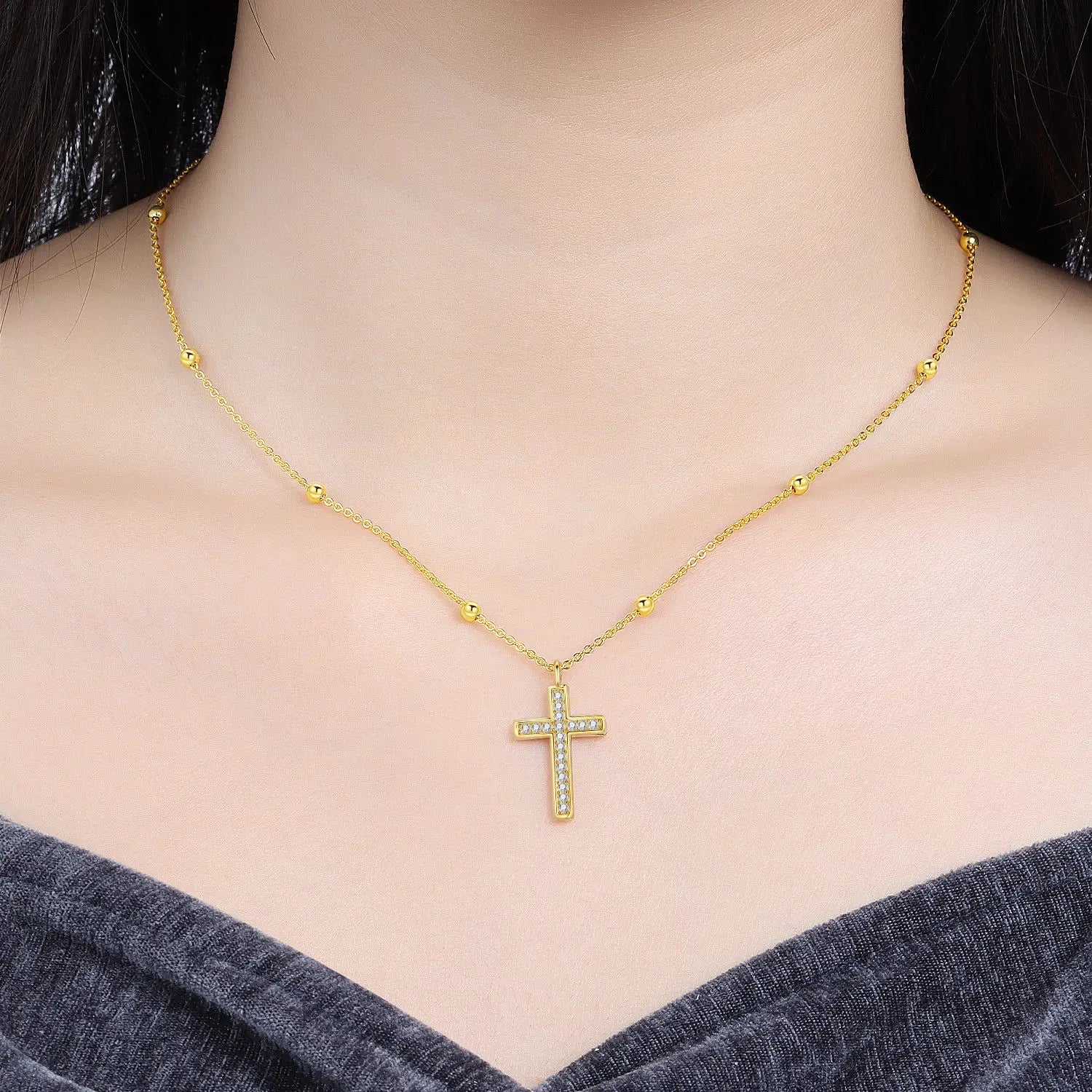 PANPOKI 925 Sterling Silver Gold Inlaid Stone Cross Necklace Pendant Necklace for Women Birthday Gifts Fashion Fine Jewelry