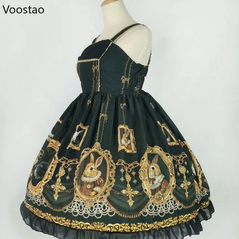 Vintage Gothic Lolita Jsk Dress Women Sweet Cute Rabbit Print Sleeveless Tea Party Dresses Japanese Girls Kawaii Y2k Fairy Dress