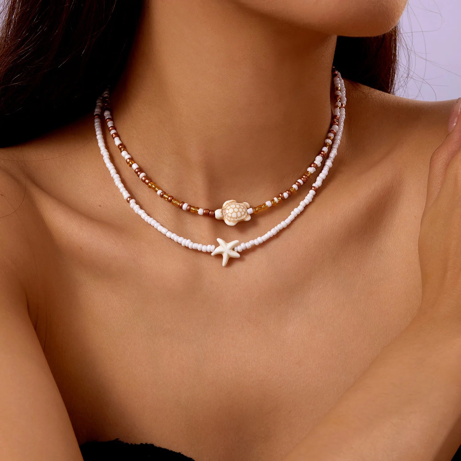 Boho Bohemian Sea Shell Starfish Pendant Necklaces For Women Double Layered Tortoise Imitation Pearl Bead Chain Beach Jewelry