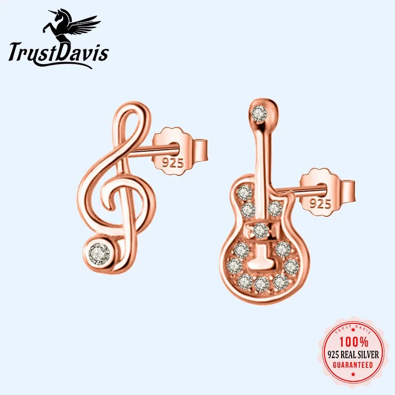 TrustDavis Real 925 Sterling Silver Fashion Asymmetric Guitar Notes Stud Earring For Women Wedding Minimalist Fine Jewelry DB110