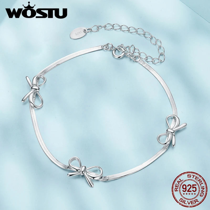 WOSTU  Solid 925 Sterling Silver Sweet Bow Bracelets for Women Korean European Style Bowknot Snake Chain Bangle Chain Bracelet