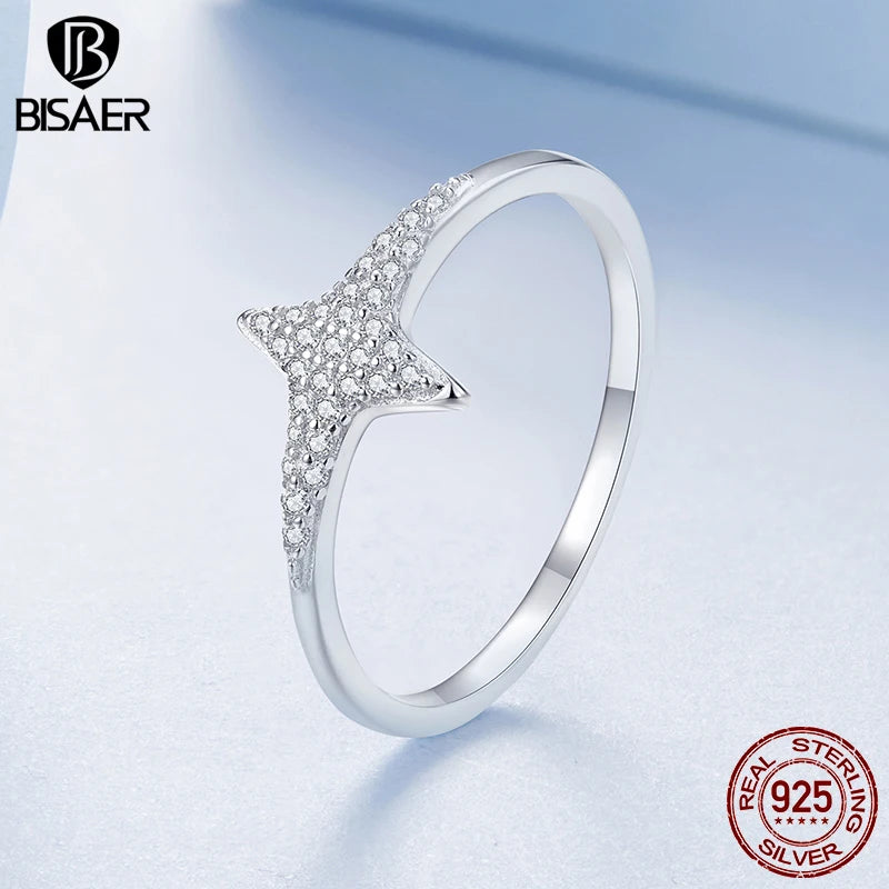 Bague étoile scintillante en argent sterling 925 BISAER sertie de zircons pavés, bande de doigt plaquée or blanc pour femme, bijoux fins de mariage