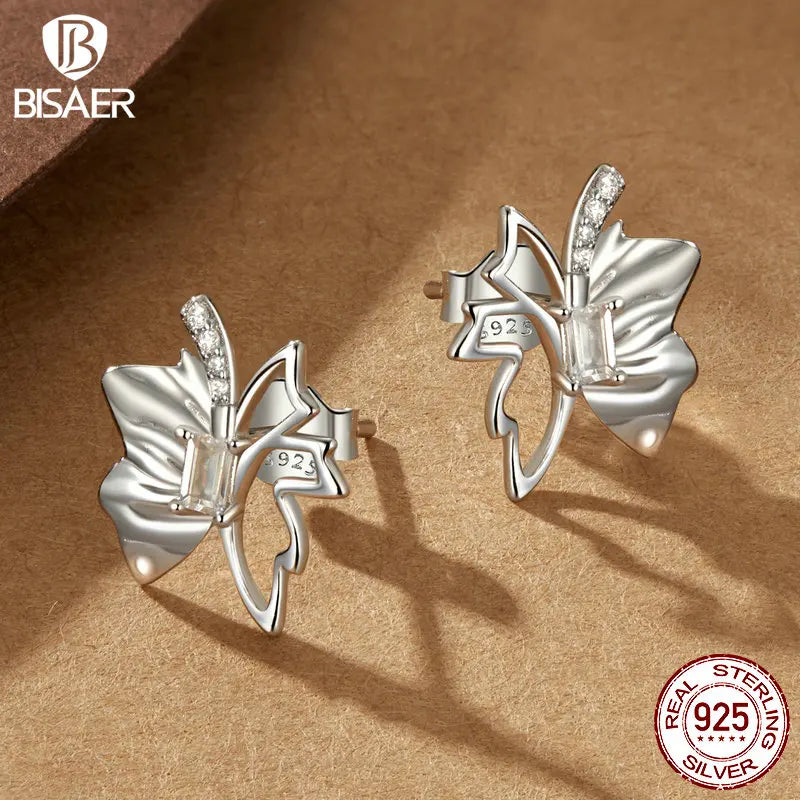 Boucles d'oreilles à tige en argent sterling 925 BISAER en forme de feuille d'automne et de papillon - Simple - Plaqué or blanc - Pour femme - Bijoux fins de fête