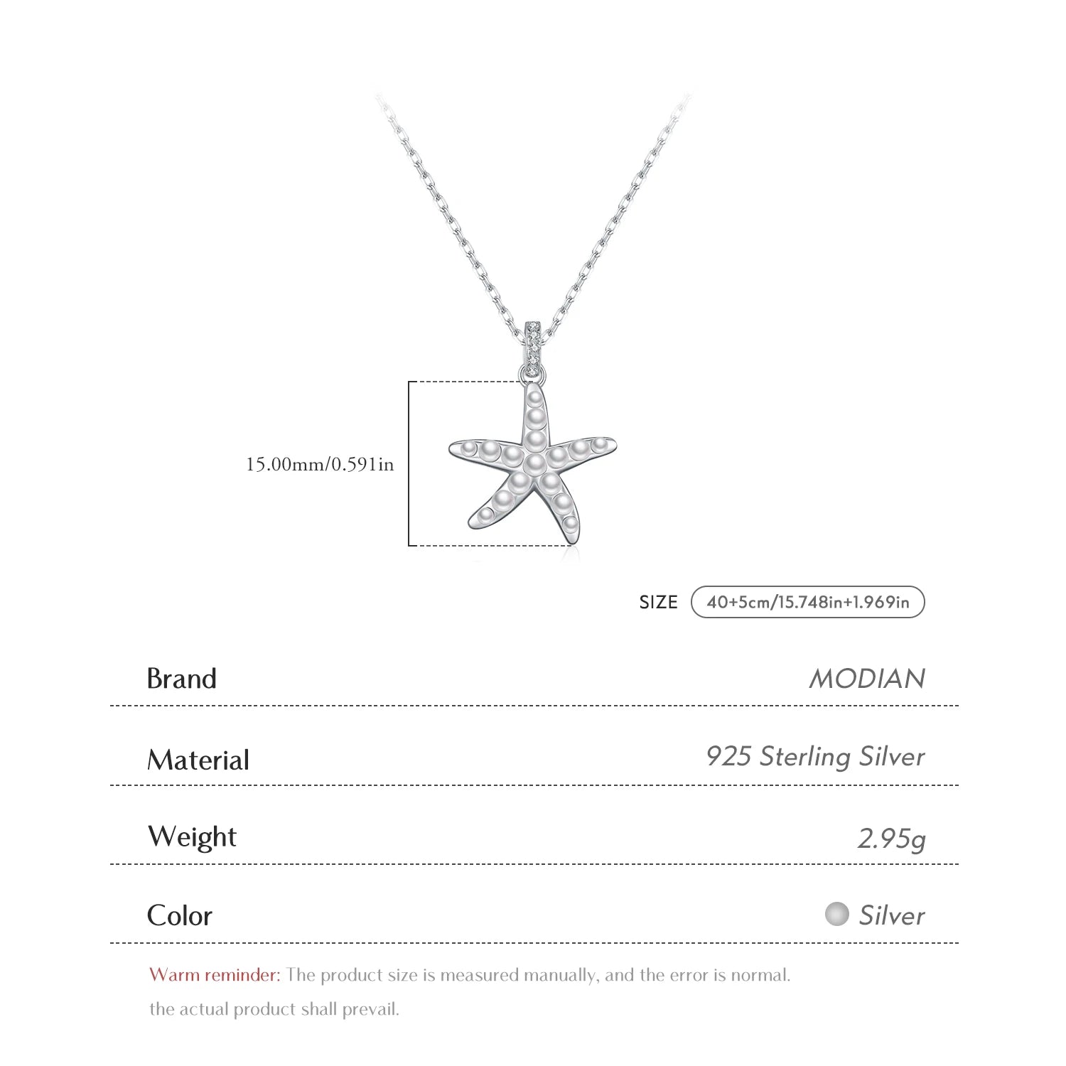 MODIAN 925 Sterling Silver Elegant Simulated Pearls Starfish Pendant Necklace Fashion Link Chian Necklaces For Women Jewelry