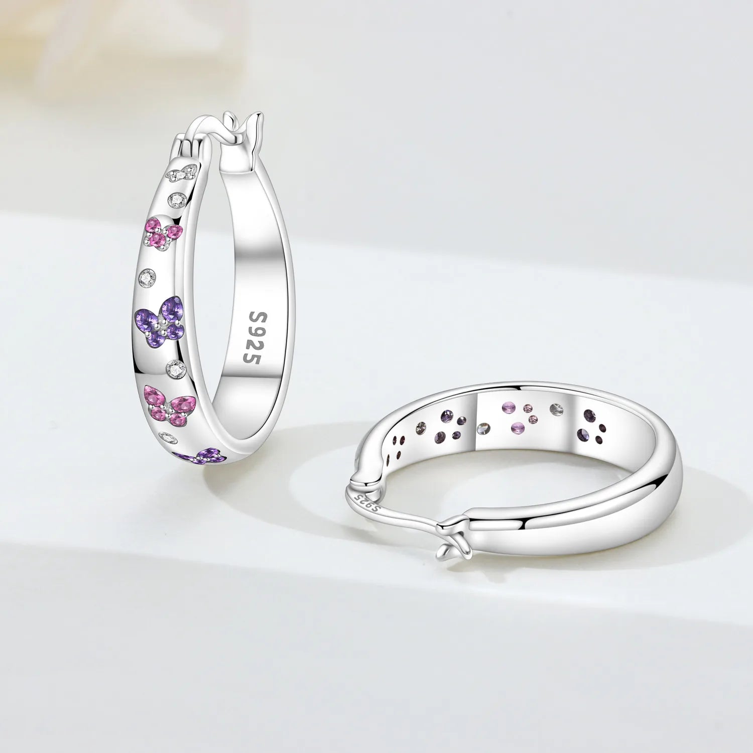 PANPOKI Original 925 Sterling Silver Pink Purple Butterfly Insects Earrings Women Hoop Earring Anniversary Jewelry Trendy Gifts