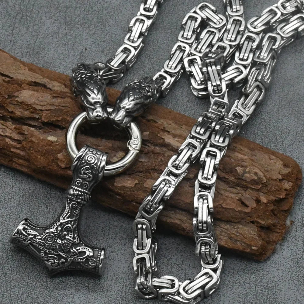 Stainless Steel Wolf Head with King Chain Necklace thor's hammer mjolnir viking  Rune Amulet Domineering Biker Jewelry