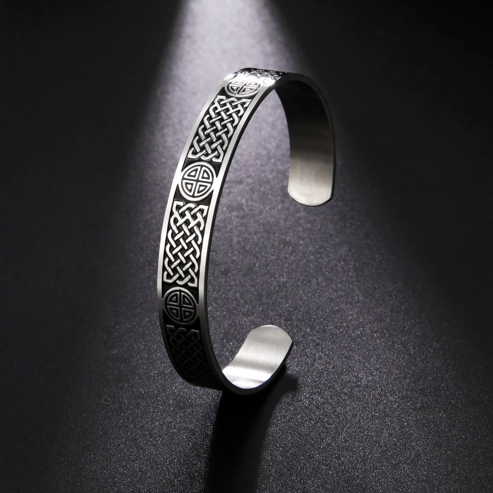 Viking Totem Celtic Knot Cuff Bracelet for Men Norse Mythology Silver Color Stainless Steel Square Round Bangles Fashion Jewelry
