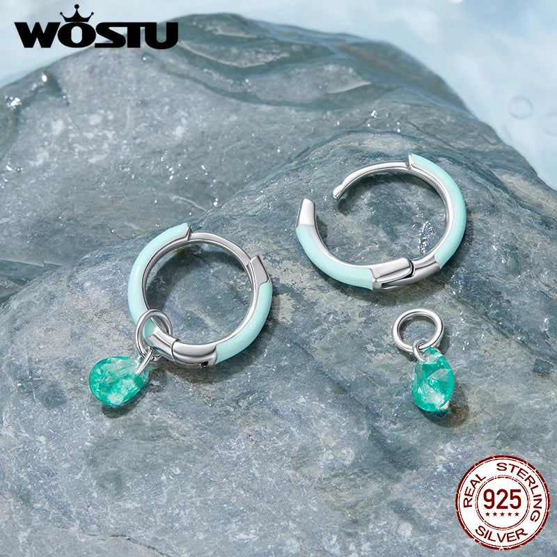 WOSTU 925 Sterling Silver Green Crystal Drop Dangle Earrings For Women Summer Jewelry Hoop Earrings Lady Holiday Pendientes Gift