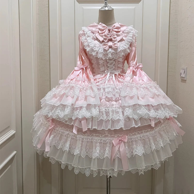 Victorian Vintage Lolita OP Dress Women Kawaii Cute Bow Lace Ruffle Flower Wedding Dress Japanese Elegant Princess Party Dresses