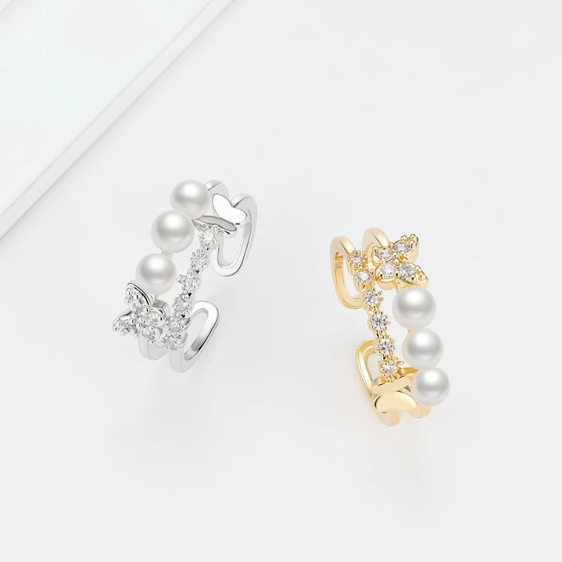 14K Gold Plated 925 Sterling Silver Pearl Ring Double Layer White Gold Zircon Elegant For Women Wedding Engagement Fine Jewelry