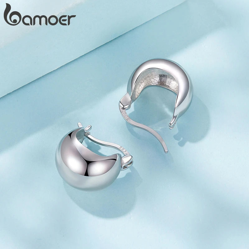 BAMOER White Gold Plated Post Glossy Ball Hoop Earrings, High Polished Chunky Hollow Sphere for Women 925 Sterling Silver Gift