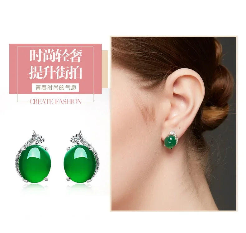 Real Agate Jewelry Stud Earrings for Women Silver S925 Round Simple Crown Jade Earrings Fine Valentine Jewelry 925 for Women
