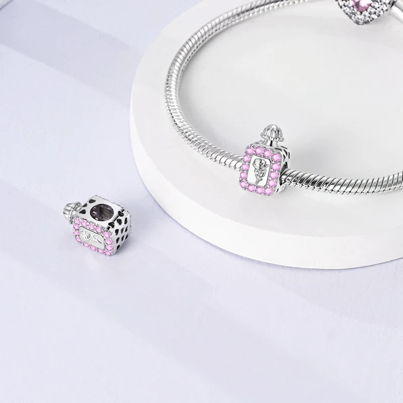 Original S925 Silver Romantic Pink Crown Perfume Bottle Charms Beads Fit Qikaola Bracelets Fine DIY Jewelry Valentine's Day Gift