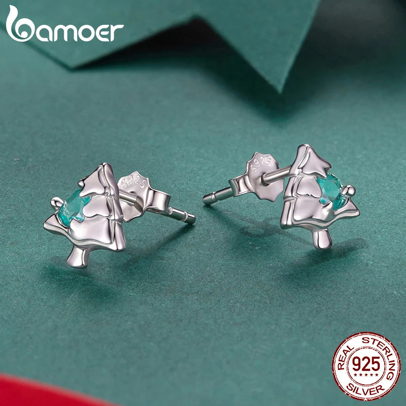 BAMOER 925 Sterling Silver Christmas Tree Stud Earrings, Plated White Gold Green Heart CZ Piercing Earrings for Girls Xmas Gift