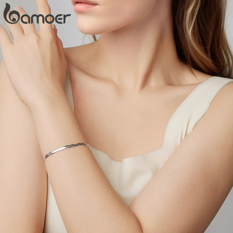 Bamoer 925 Sterling Silver Wide Snake Chain Bracelet Stackable Snake Printed Wrist Bracelet Pack for Women Dainty Gift