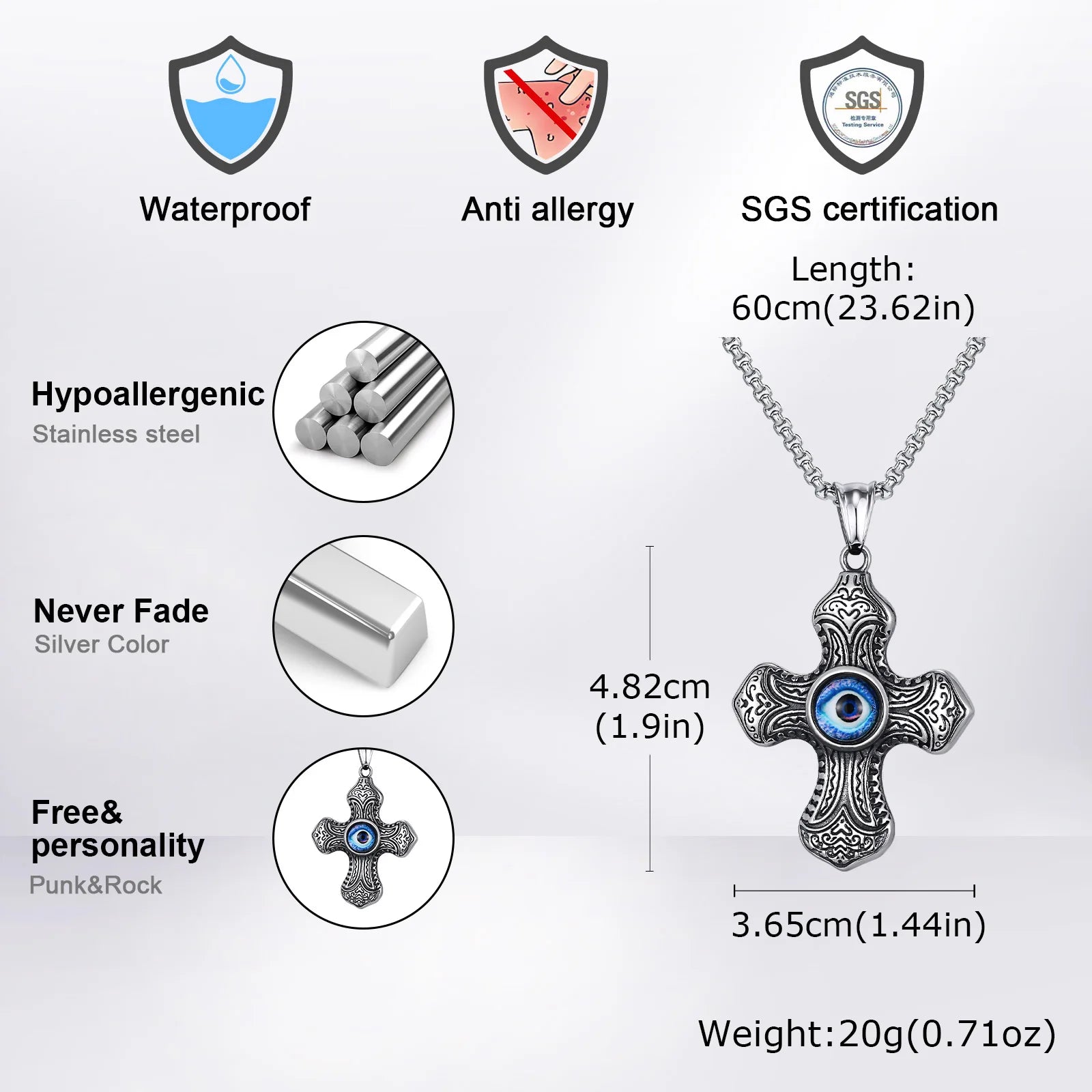 Vnox Vintage Turkish Evil Eye Centered Cross Necklaces for Men Boys, Punk Ethnic Tribal Textured Cross Pendant Collar