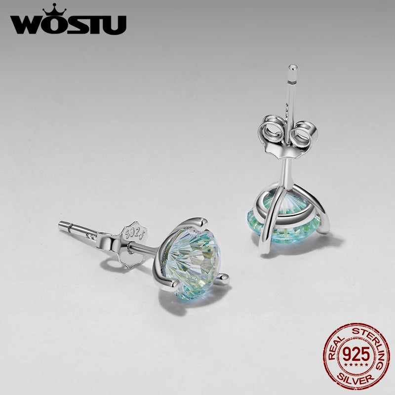 WOSTU 925 Silver 2CT Firework Zircon Stud Earrings For Women, Rainbow Blue Jewelry Gift Classical Round Ear Studs Wedding Gif