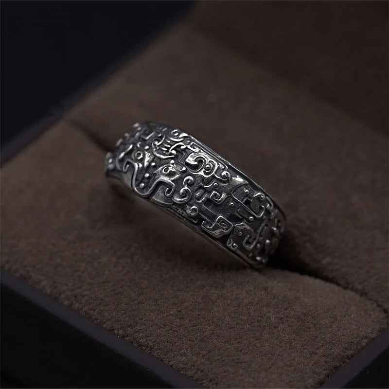 Retro Taotie Chinese Mythology Ring For Men Silver Color Punk Gothic Adjustable Ring Handmade Unisex Jewelry Accessories Gift