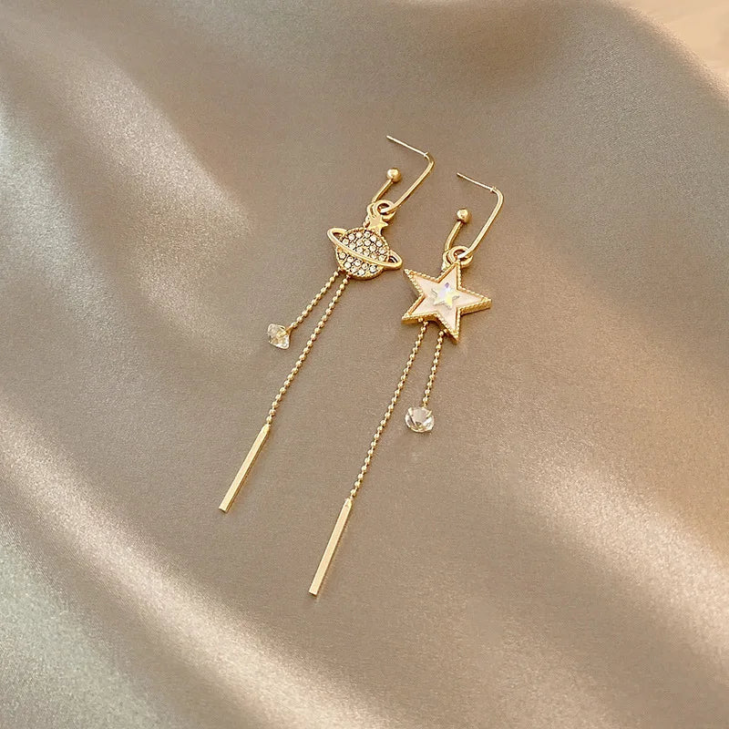 Koreanische Ohrringe mit langen Quasten in Goldoptik für Damen – modische Ohrringe mit Kristall-Schmetterling, Herz und Stern – eleganter Partyschmuck