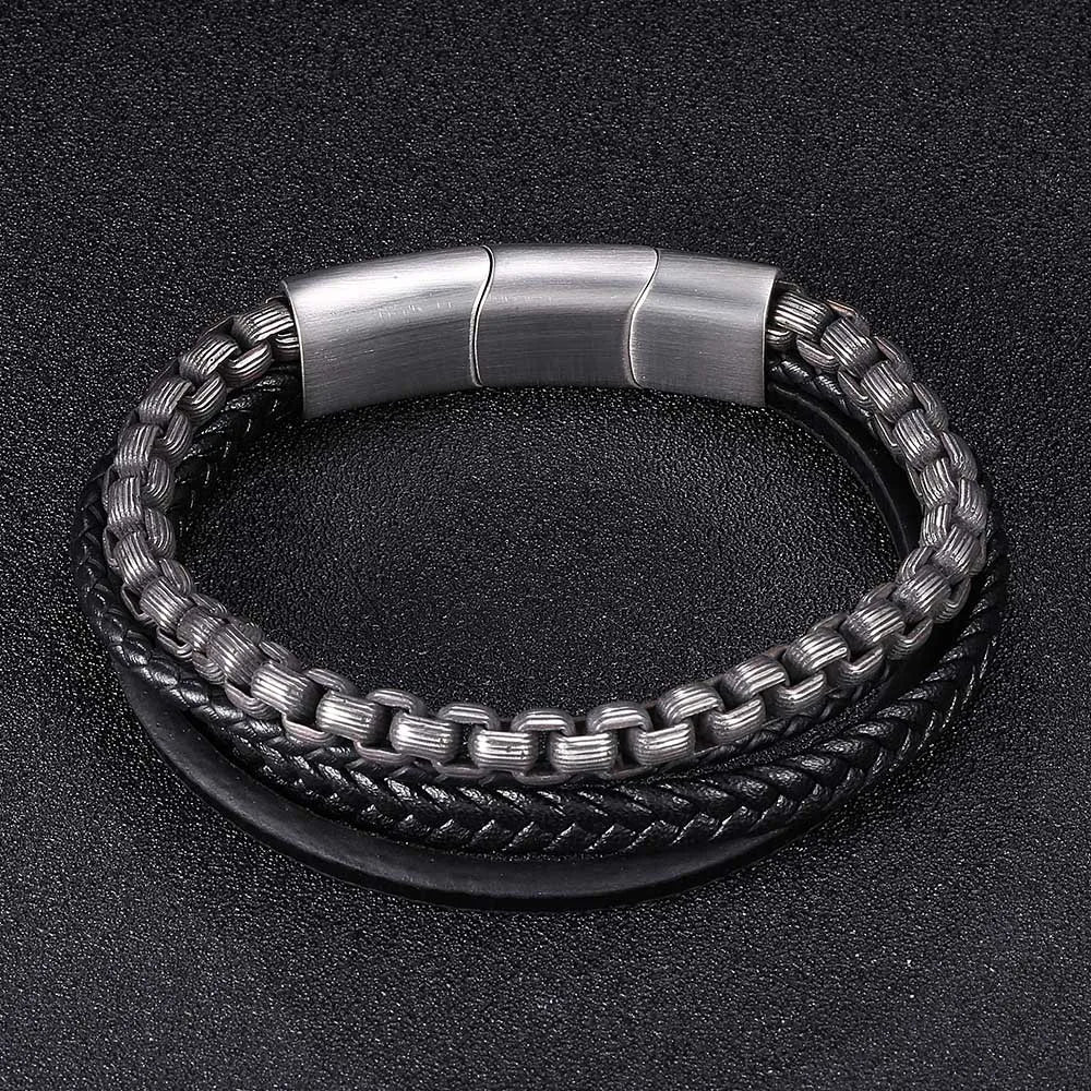 MKENDN Locomotive Men Punk Rock Oxidized Stainless Steel Round Box Chain Leather Cord Bracelet Chain Accessory Male Gifts