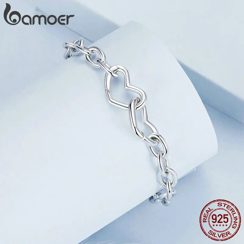 BAMOER 925 Sterling Silver Double Hearts Clasped Bracelets for Women Lady's DIY Pendent Charm Cuff Adjustable Bracelets BSB172
