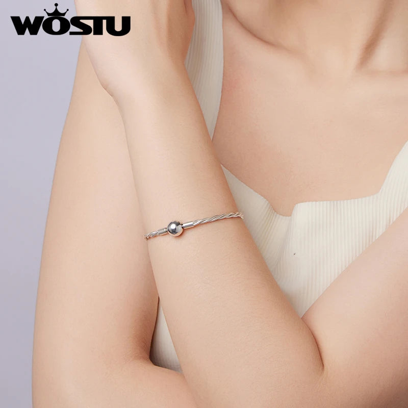 WOSTU Solid 925 Sterling Silver Twisted Snake Chain Bracelet for Women, Luxury Ball Clasp Adjustable Basic Bangle Wrist Jewelry