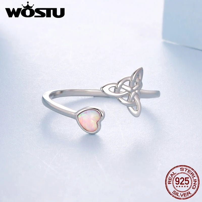 WOSTU 925 Sterling Silver Celtic Knot Open Ring With Pink Fire Opal Gemstone, Women Opal Heart Ring S925 Unique Valentine Gift