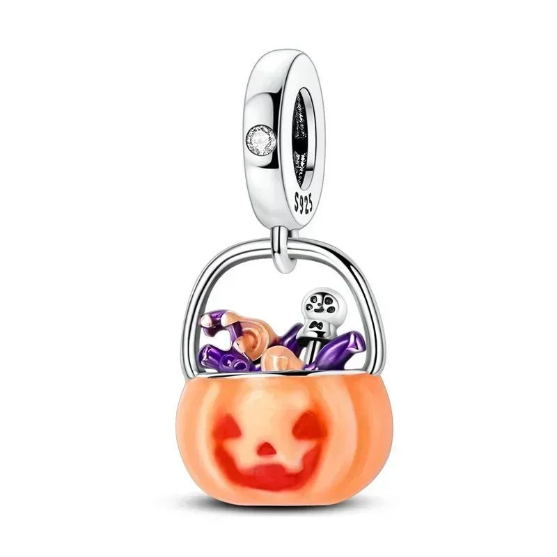 Halloween 925 Sterling Silver Skull Charm Luminous Pumpkin Bat Ghost Coffin Bead Pendant Ring Necklace Bracelet DIY Jewelry Gift