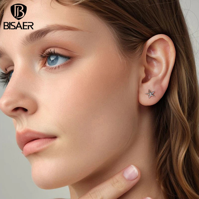 BISAER Real 925 Sterling Silver Star Stud Earrings Minimalist Stars Earrings Plated White Gold for Women Party Fine Jewelry Gift