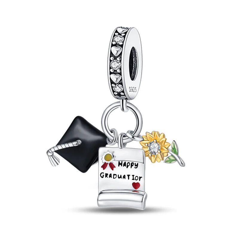 New 925 Silver Trencher Cap Graduation Season Charms Beads Fit 3mm 925 Original Bracelets DIY Unique Jewelry Graduation Gift