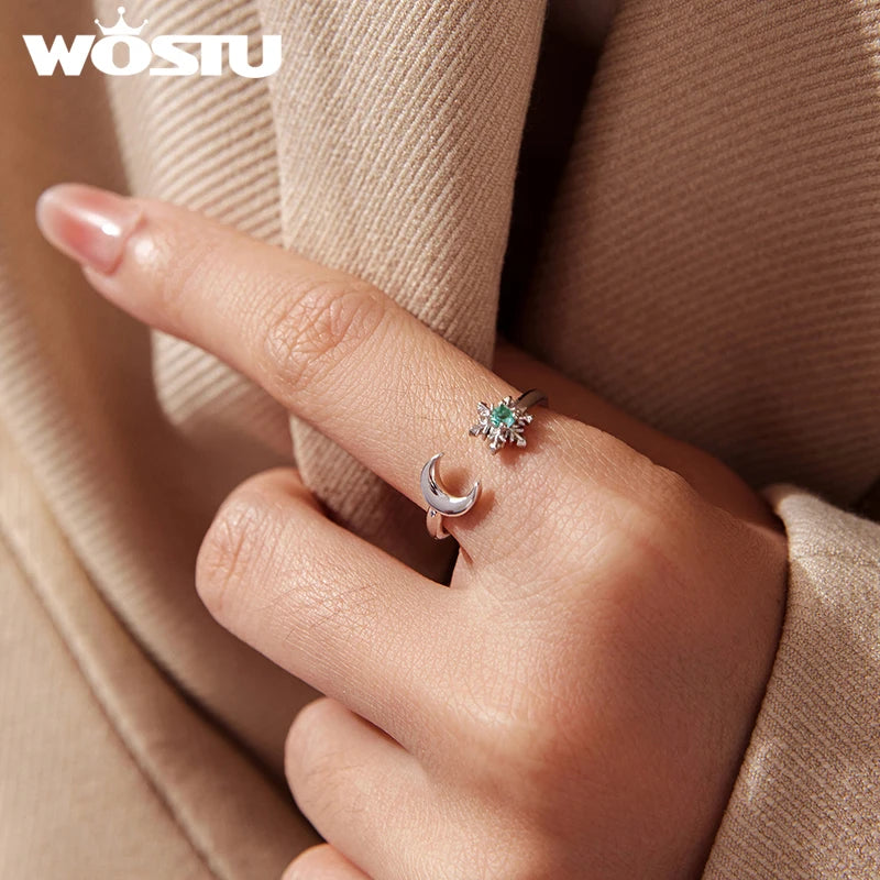 WOSTU 925 Sterling Silver Snowflake & Moon Ring for Women, Icy Blue Crystal Zircon Open Rings Winter Xmas Jewelry Party Gift