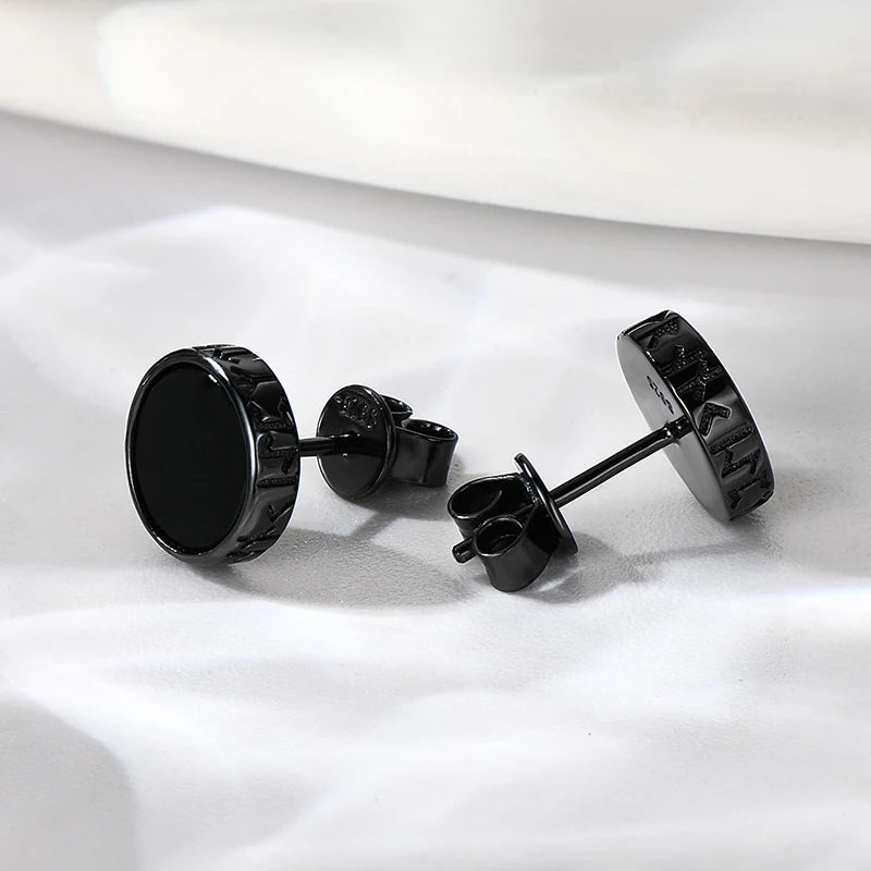 Nordic Viking Rune Personalized 8mm Natural Black Agate Ear Stud 925 Sterling Silver Men Women Hiphop Earrings Fashion Gift
