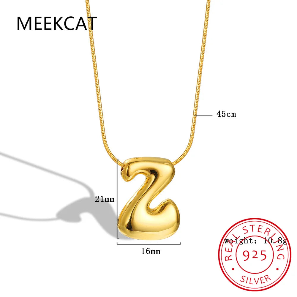 Collares 925 Sterling Silver Chunky Alphabet Balloon Bubble Initial Letter Pendant Necklace for Women Men Charm Necklaces