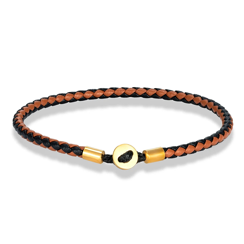 MKENDN Gold Color Stainless Steel Button Braided Leather Bracelet For Men Women Fashion Couple Jewelry Gifts
