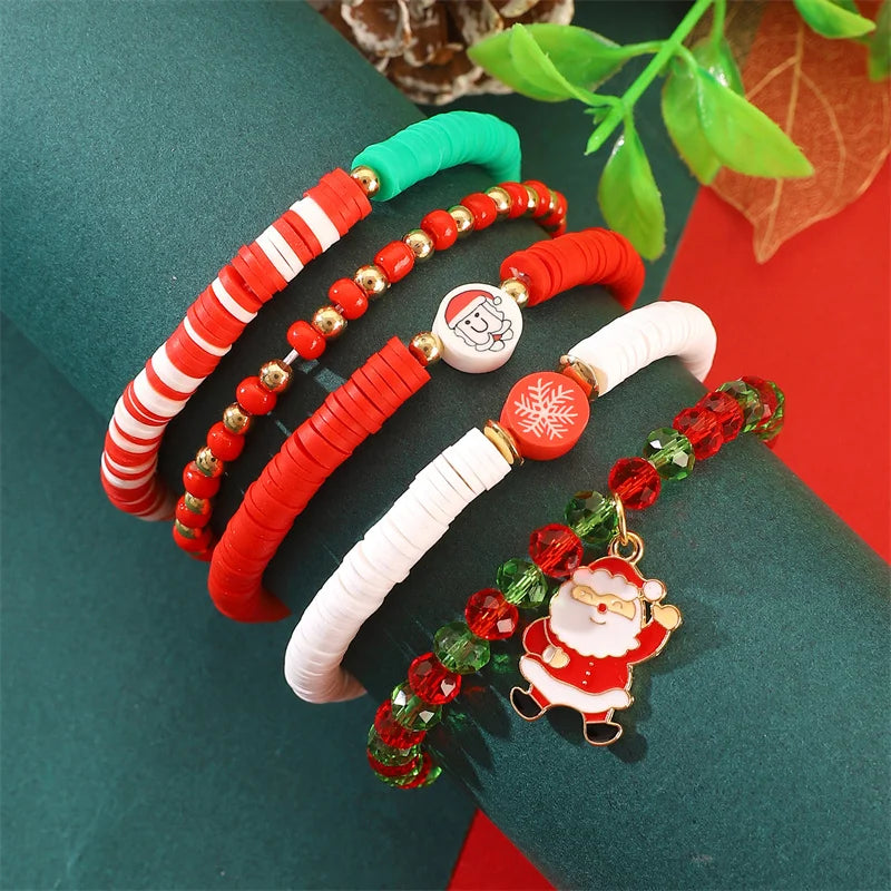 2-5 pcs Cute Christmas Series Bracelet Set For Women Men Santa Claus Snowman Snowflake Pendant Beads Bracelets Party Jewelry