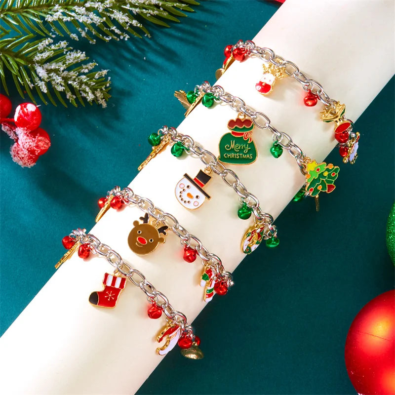 Creative Christmas Metal Chain Bracelet For Women Men Santa Claus Snowflake Elk Snowman Bangles New Year Party Jewelry Gifts