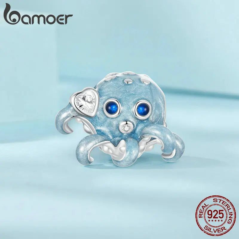 Sterling Silver Blue Enamel Octopus Beads Ocean Fish Charms for Women Bracelet Necklace DIY Accessories Jewelry Gift