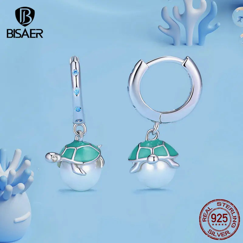 BISAER Boucles d'oreilles créoles en argent sterling 925 en forme de tortue coquillage bleu Boucles d'oreilles à tige en forme d'étoile de mer pour femmes Fête sur la plage Bijoux fins Cadeau