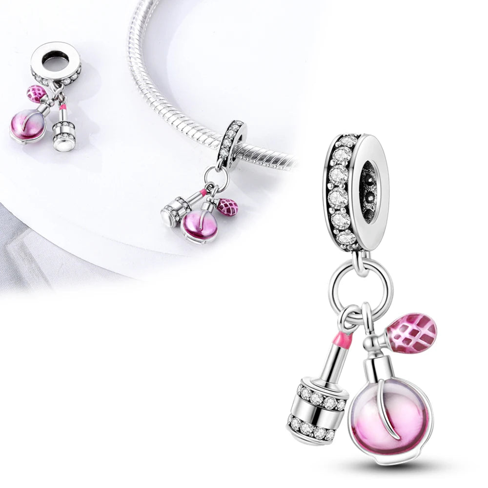 925 Silver Girl Lady Lipstick Makeup Charm Dangle Pendant Beads Fit Original Bangle Cosmetic Charms Bracelet DIY Making Jewelry