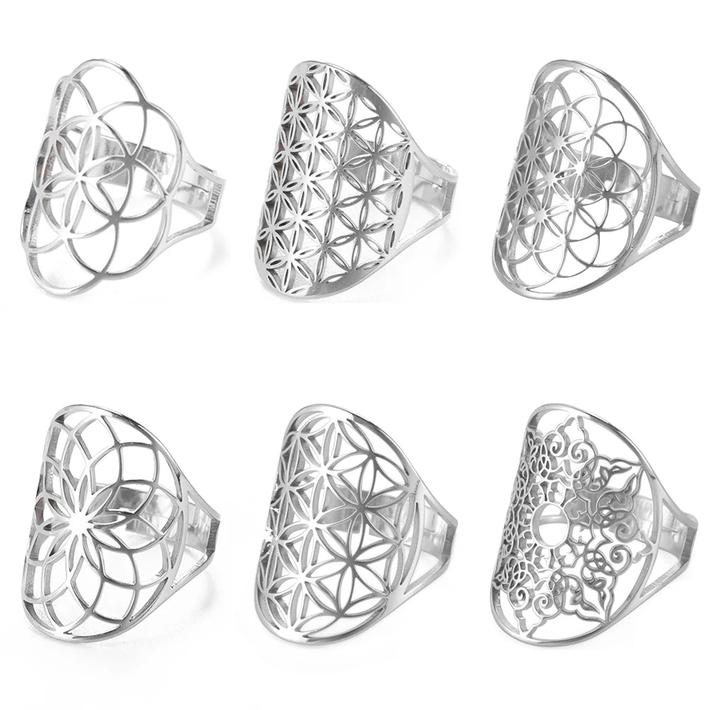 Unift Scared Geometry Flower of Life Ring Adjustable Stainless Steel Ring Men Women Accessories Vintage Filigree Viking Jewelry - Madeinsea©