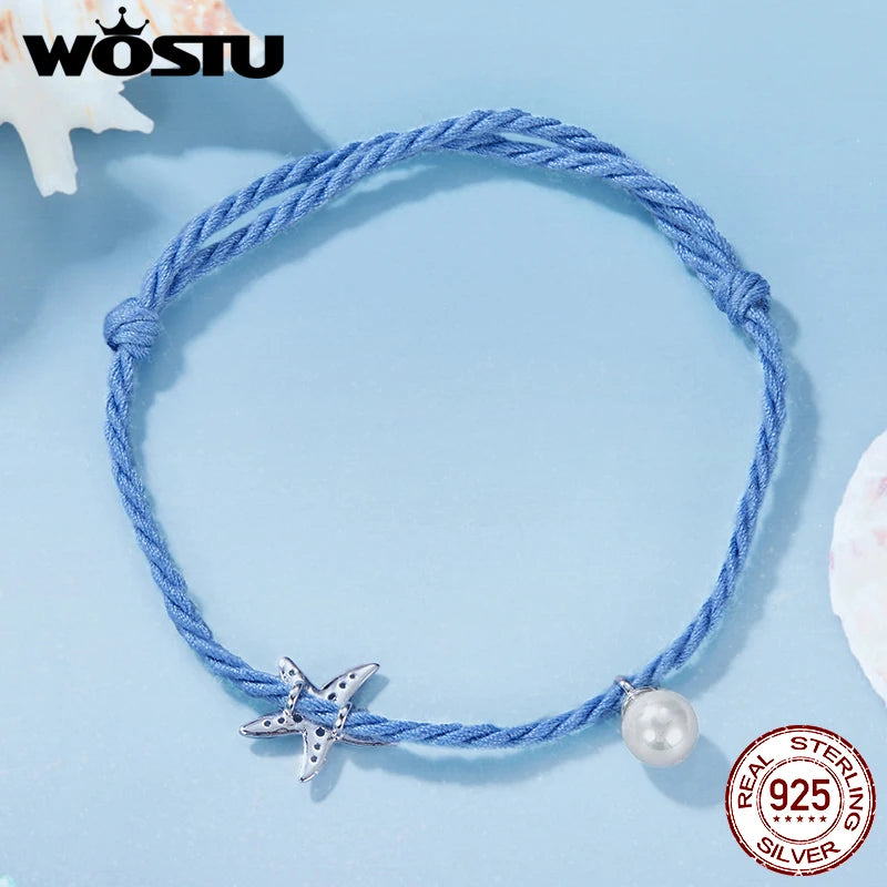 WOSTU 925 Sterling Silver Fashion Blue Starfish Pearl Bracelet Adjustable Braided Rope Bracelets Women Fine Ocean Jewelry Gift