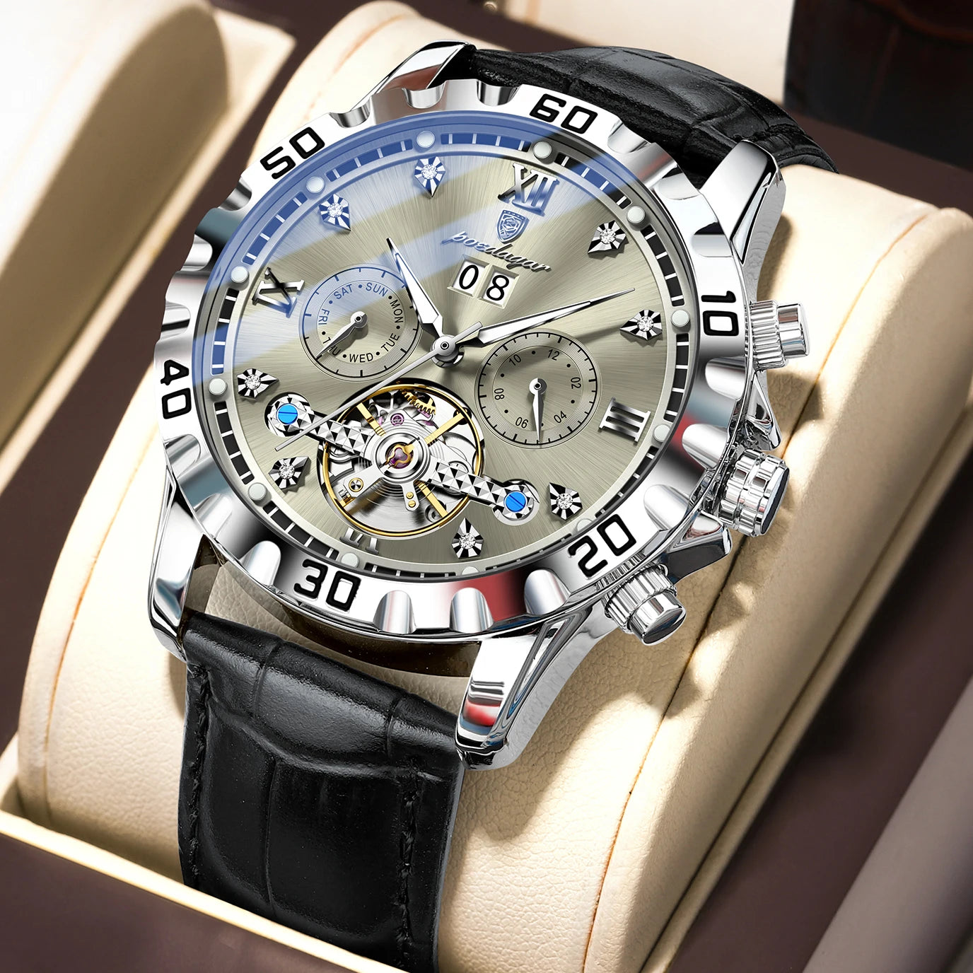 POEDAGAR Top Luxury Men's Watches Original Mechanical Leather Men Clock Date Week Hollow Tourbillon Automatic Man Watch Male+Box