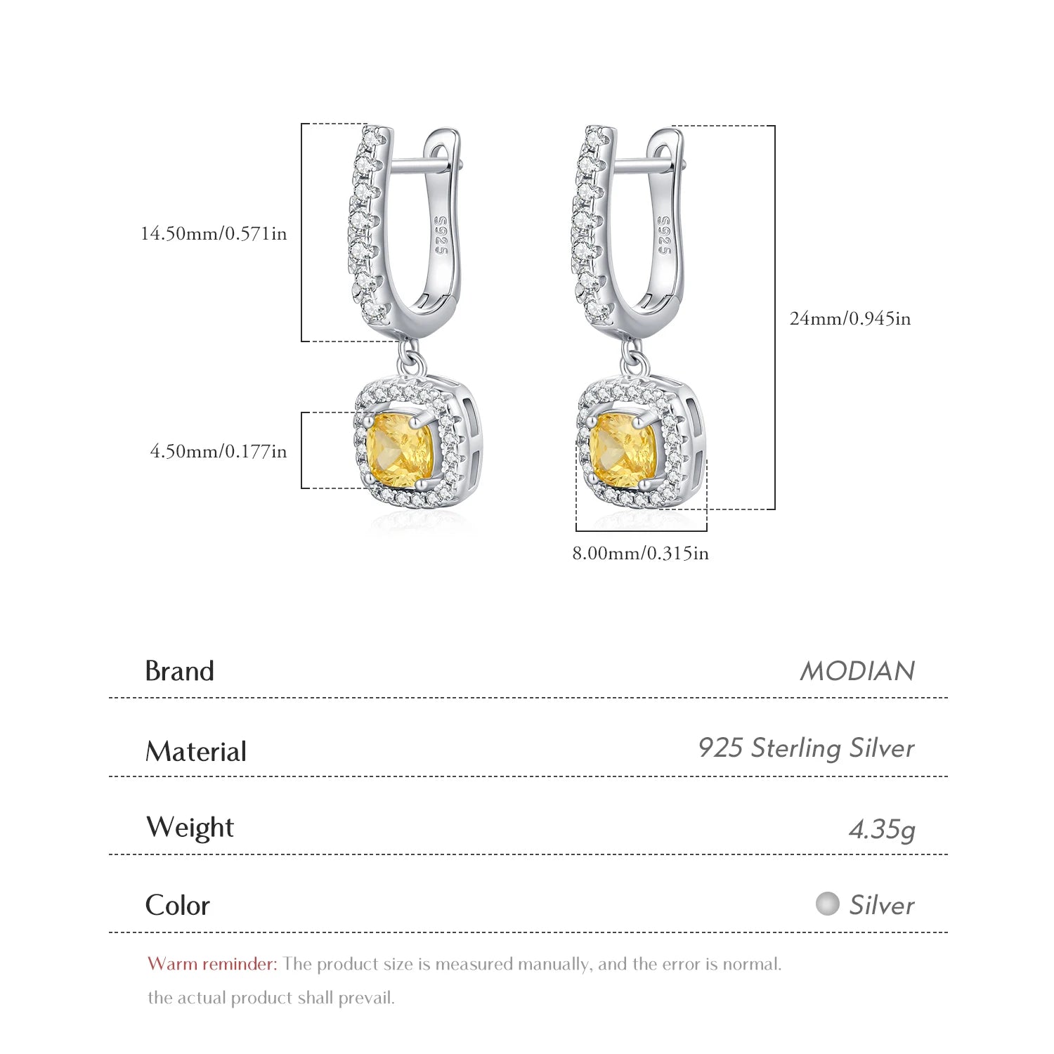 MODIAN Luxury Sugar Cube Swings Earrings 925 Sterling Silver Sparkling Yellow CZ Hoop Earrings For Women Party Fine Jewelry