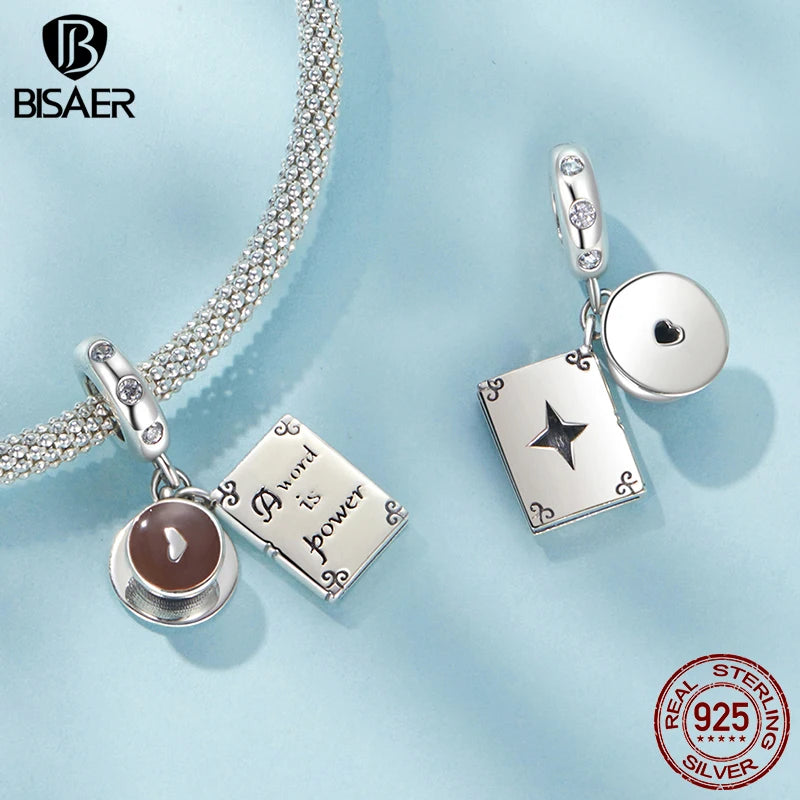 BISAER 925 Sterling Silver Coffee Cup Charm Bead Cafe Coffee Bean Pizza Pendant For Women DIY Bracelet & Necklace Fine Jewelry