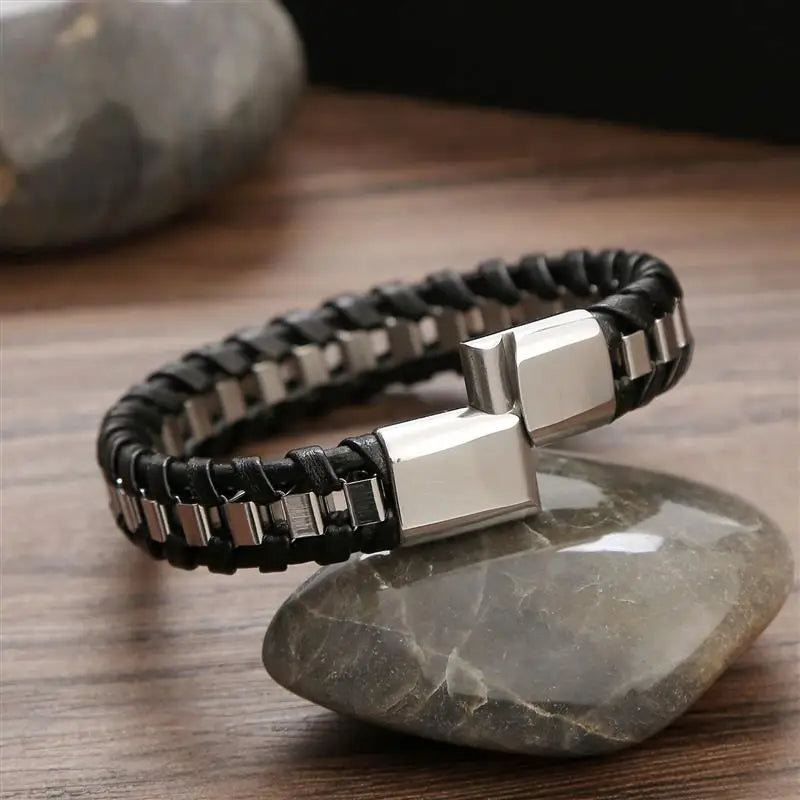 Fashion Hand-woven Stainless Steel & Leather Braided Bracelet For Men Classic Leather Bracelet Bangle Jewelry Gift